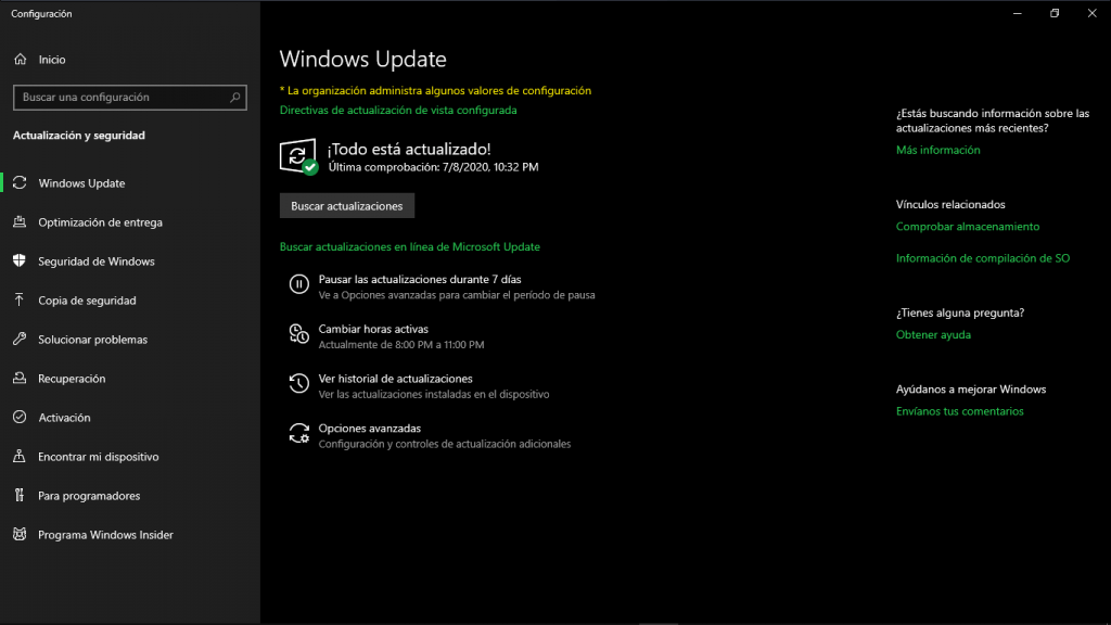 Interfaz de Windows Update en Windows 10