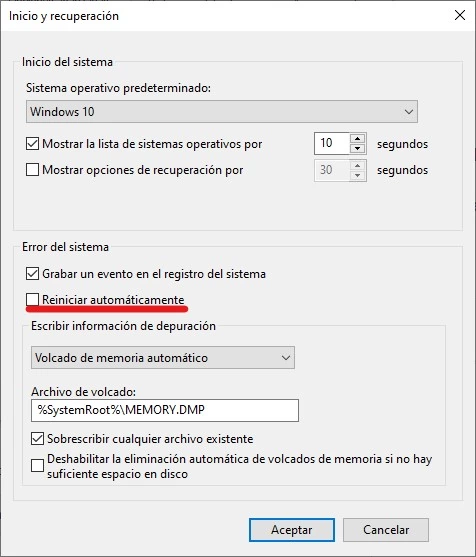 Interfaz de Inicio y recuperación en Windows 10