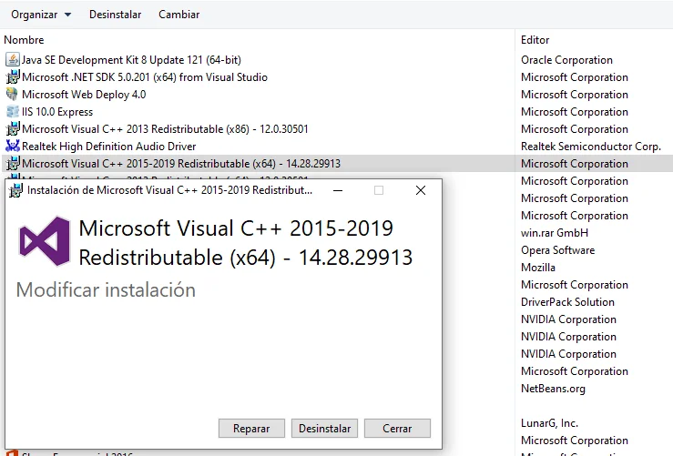 Desinstalar paquete Visual C++ Redistributable.