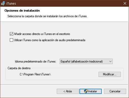 Opciones de instalación de iTunes
