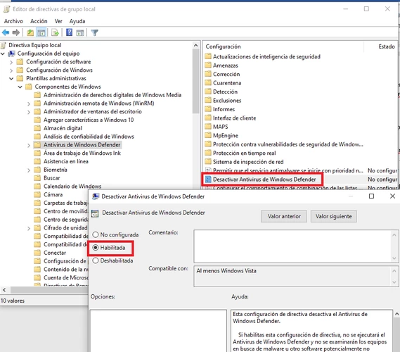 Desactivar Windows Defender en directivas locales.