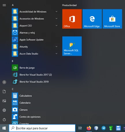 Menú inicio en Windows 10.