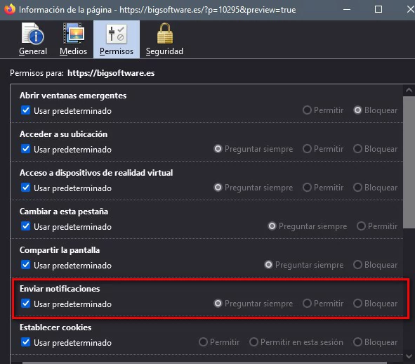 Editar permisos de notificaciones en Firefox