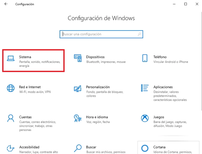 Configuración de Sistema en Windows 10.