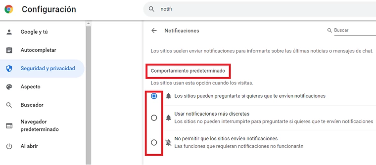 Configuración predeterminada para desactivar notificaciones en Chrome