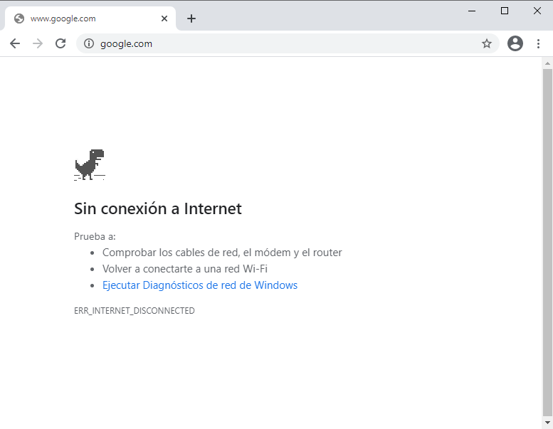 error de Chrome sin conexión a internet.